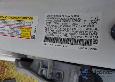 2023 Honda Civic Sport from USA, damaged, VIN 2HGFE2F50PH517624